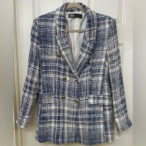 Zara Textured Double Breasted Blazer in Navy, size L